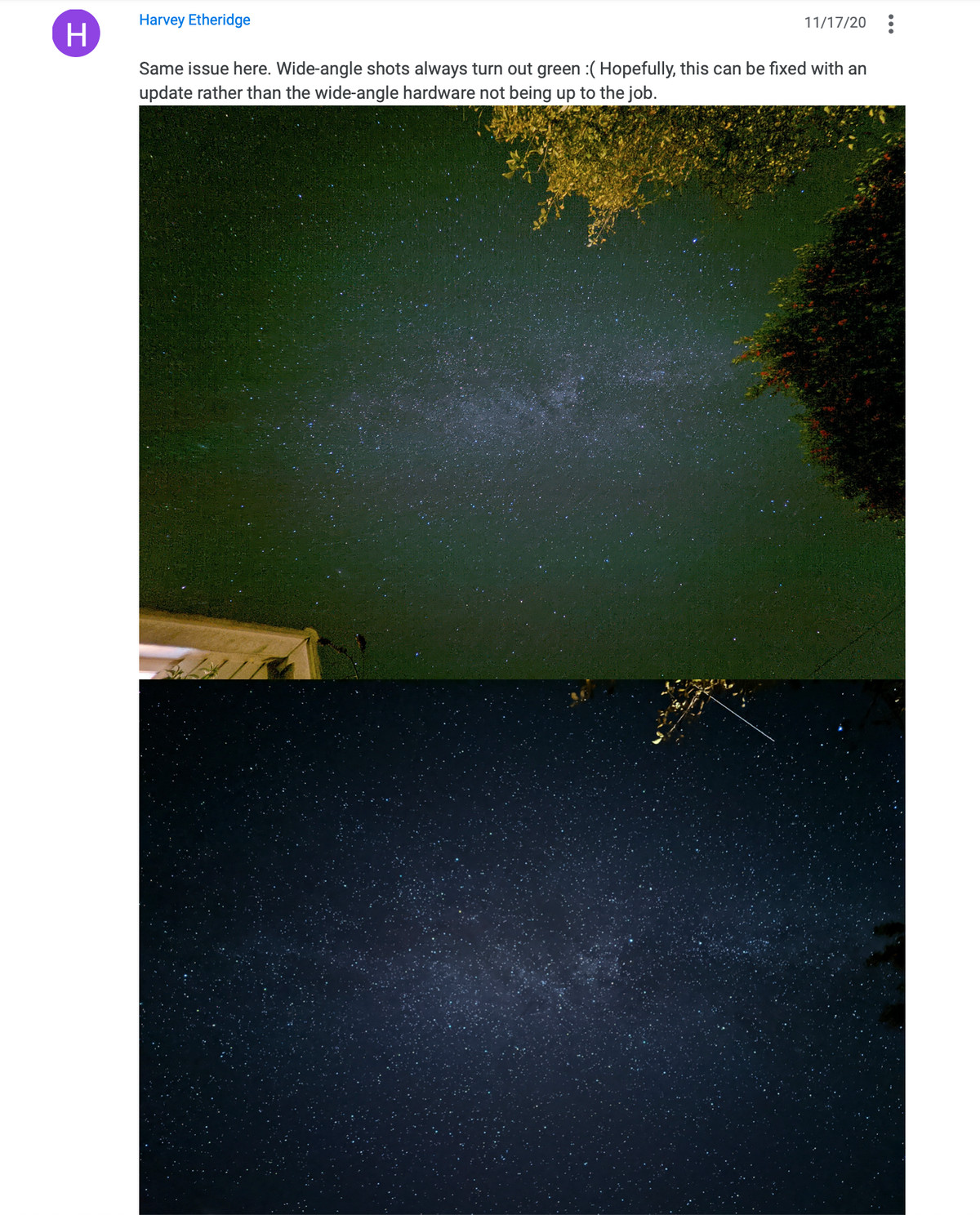 Screenshot of a forum comparing camera results in astrophotography mode.