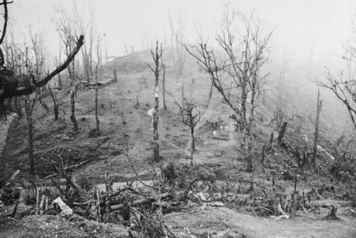 Vedere a câmpului de luptă Garrison Hill cu pozițiile britanice și japoneze afișate.  Garrison Hill a fost cheia apărării britanice din Kohima.