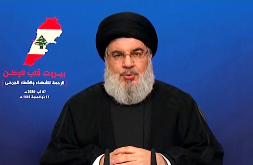 Liderul Hezbollah Sayyed Hassan Nasrallah susține un discurs televizat după explozia de marți în portul Beirut, Liban, 7 august 2020, în această imagine statică preluată dintr-un videoclip (Sursa: Al-Manar / HANDOUT VIA REUTERS)