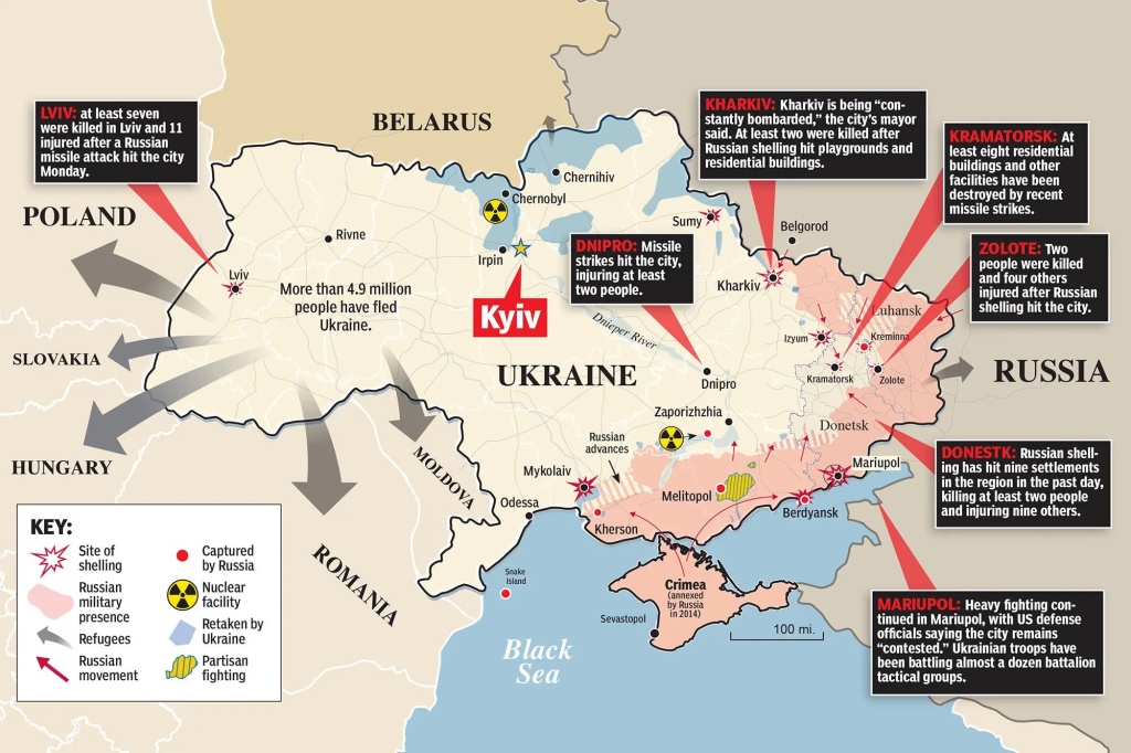 Hartă care arată mișcările forțelor ruse în timpul invaziei lor în Ucraina.