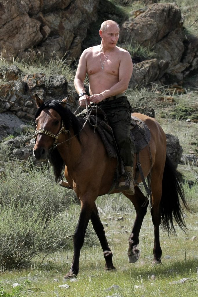 Președintele rus Vladimir Putin călărește pe un cal fără cămașă.